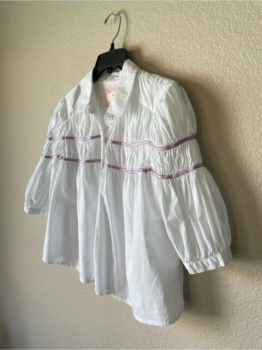Anthropologie Maeve Leandra Yoke Shirred Blouse White Purple Ribbon Combo